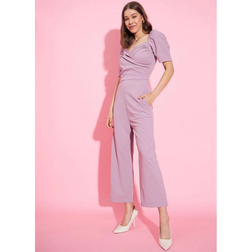 Generic Women's Polyester Lycra Solid Puff Sleeve Jumpsuit (Lavender)
