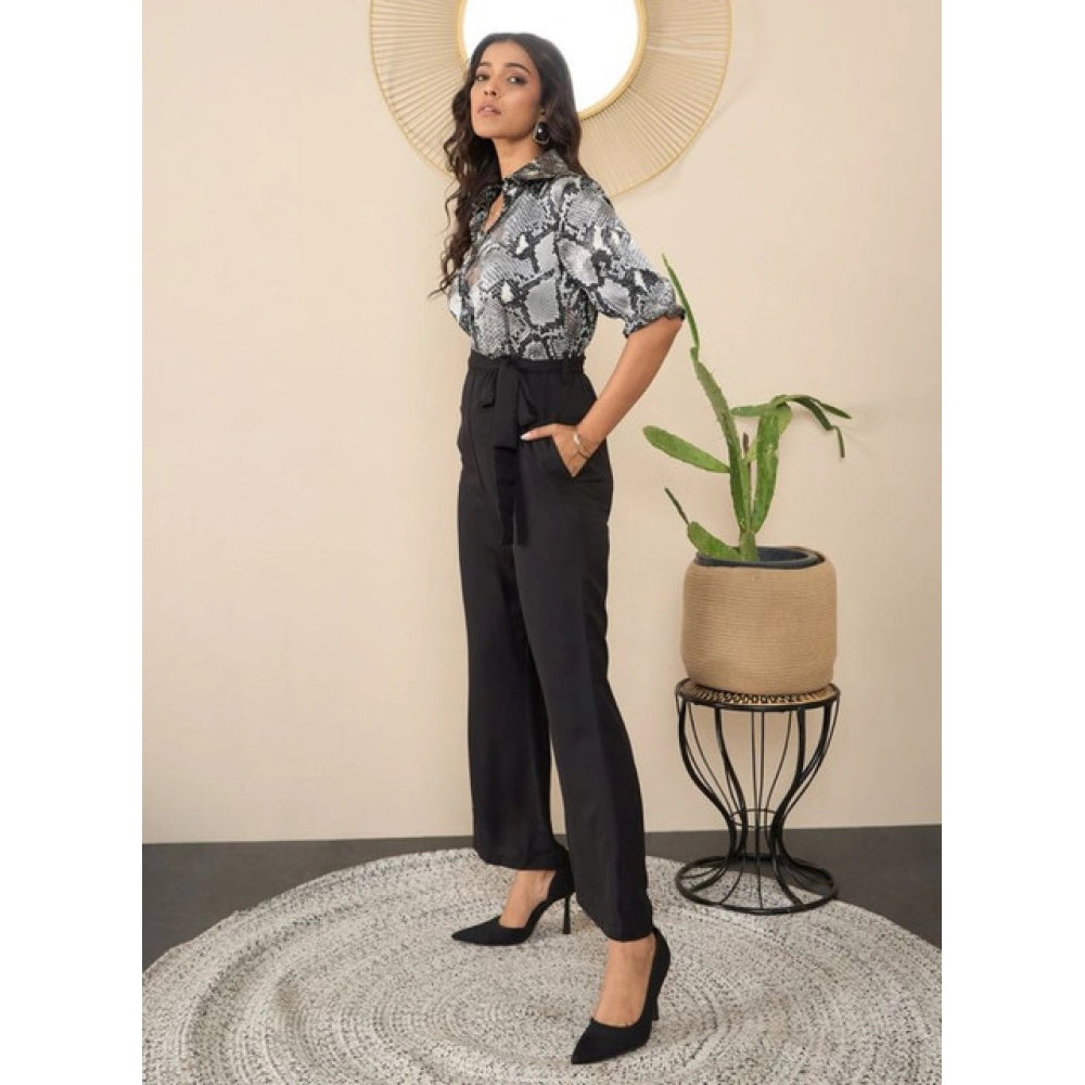 Generic Women's Satin And Polyester Floral Half Sleeves Jumpsuit (Grey - Black)