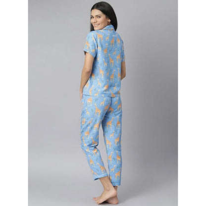 Women's Cotton Blend Printed Short Sleeve Night Suit (Blue)