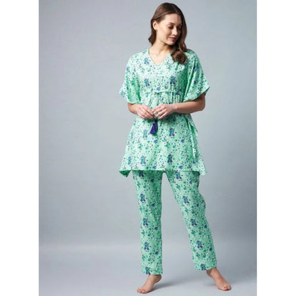 Women's Rayon Floral Kaftan Sleeve Night Suit (Green - Blue)