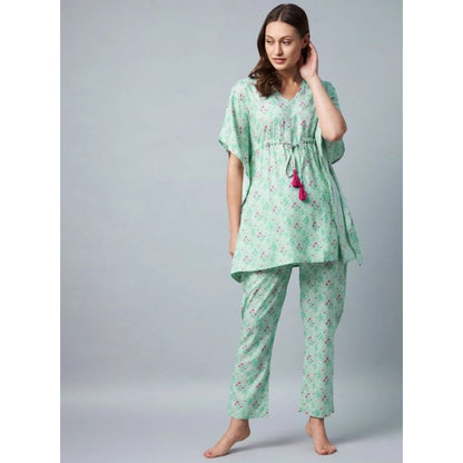 Women's Rayon Floral Kaftan Sleeve Night Suit (Green - Pink)