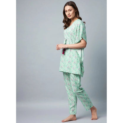Women's Rayon Floral Kaftan Sleeve Night Suit (Green - Pink)