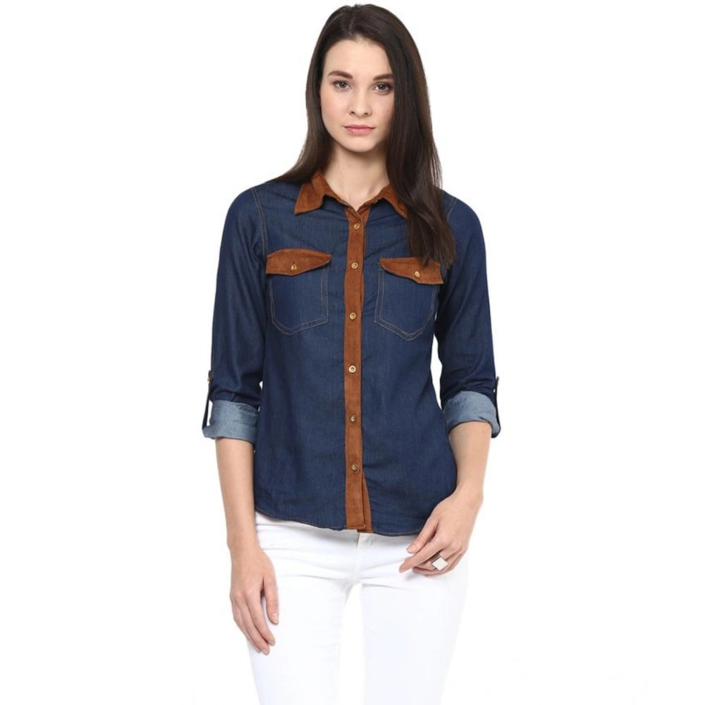 Women's Denim Cotton based Solid Long Sleeve Shirt - Blue