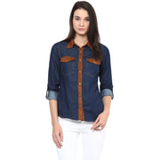 Women's Denim Cotton based Solid Long Sleeve Shirt - Blue