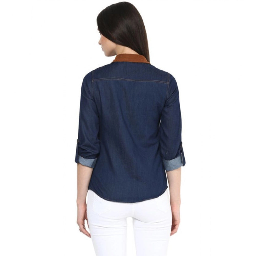 Women's Denim Cotton based Solid Long Sleeve Shirt - Blue