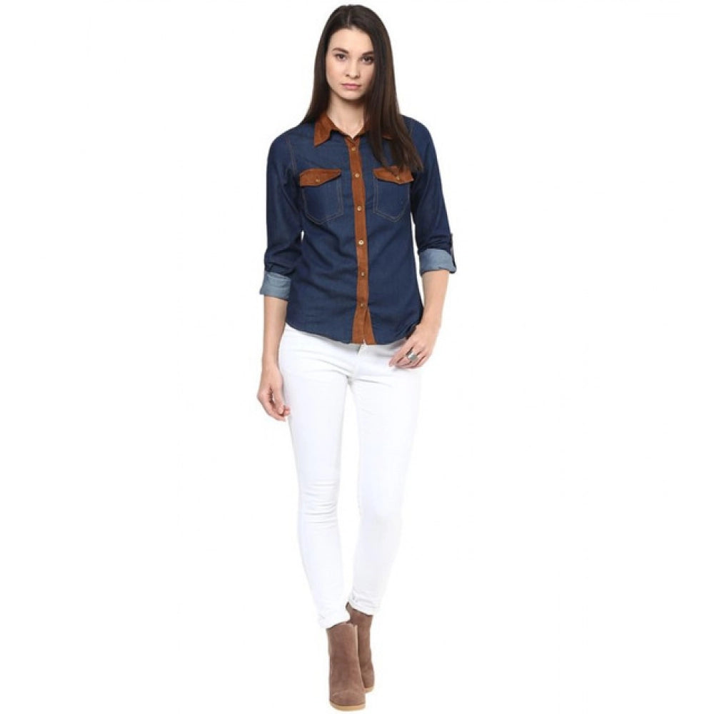 Women's Denim Cotton based Solid Long Sleeve Shirt - Blue