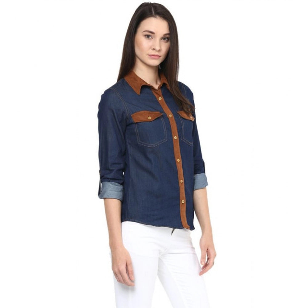 Women's Denim Cotton based Solid Long Sleeve Shirt - Blue