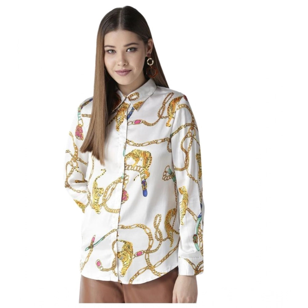 Women's Satin Printed Long Sleeve Shirt - White - Gold