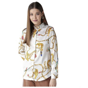 Women's Satin Printed Long Sleeve Shirt - White - Gold