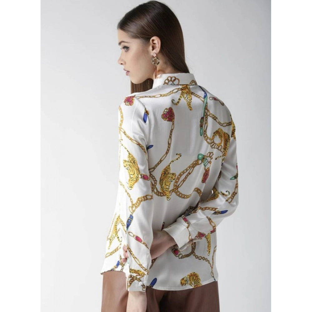 Women's Satin Printed Long Sleeve Shirt - White - Gold