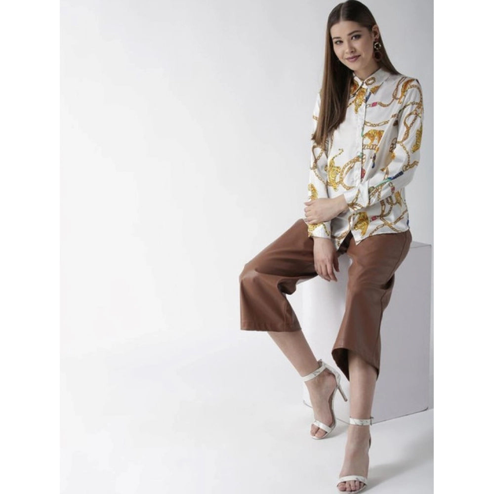 Women's Satin Printed Long Sleeve Shirt - White - Gold