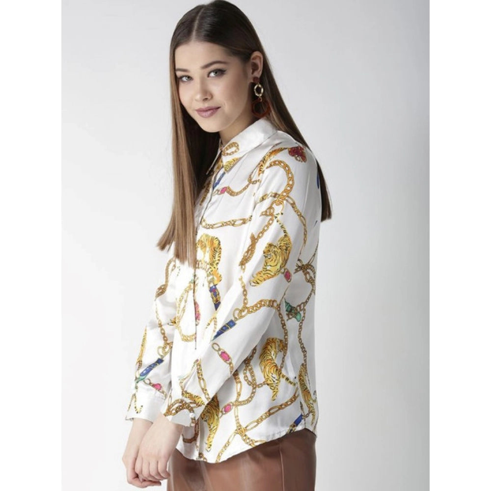 Women's Satin Printed Long Sleeve Shirt - White - Gold