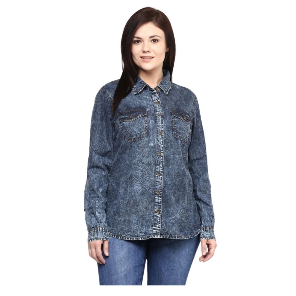 Women's Denim Solid Long Sleeve Shirt - Blue