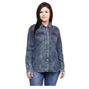 Women's Denim Solid Long Sleeve Shirt - Blue