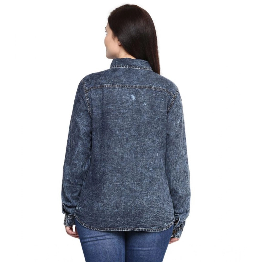 Women's Denim Solid Long Sleeve Shirt - Blue