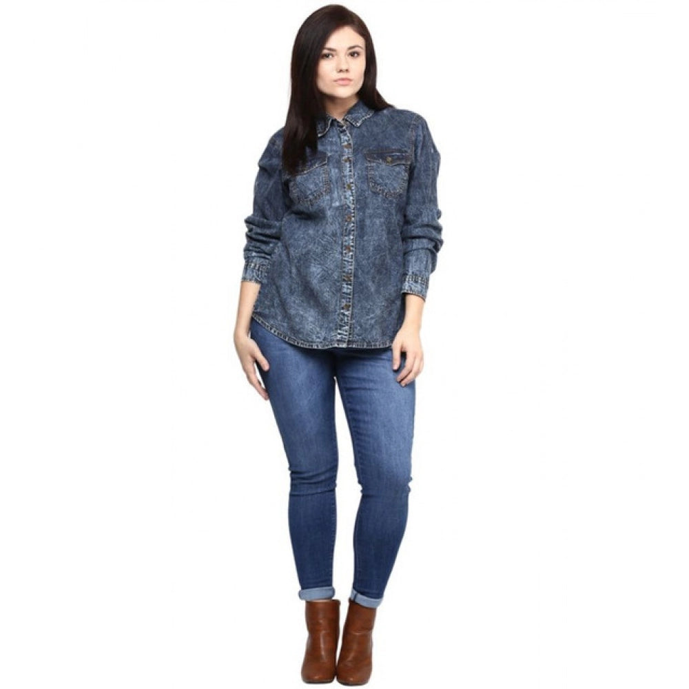 Women's Denim Solid Long Sleeve Shirt - Blue