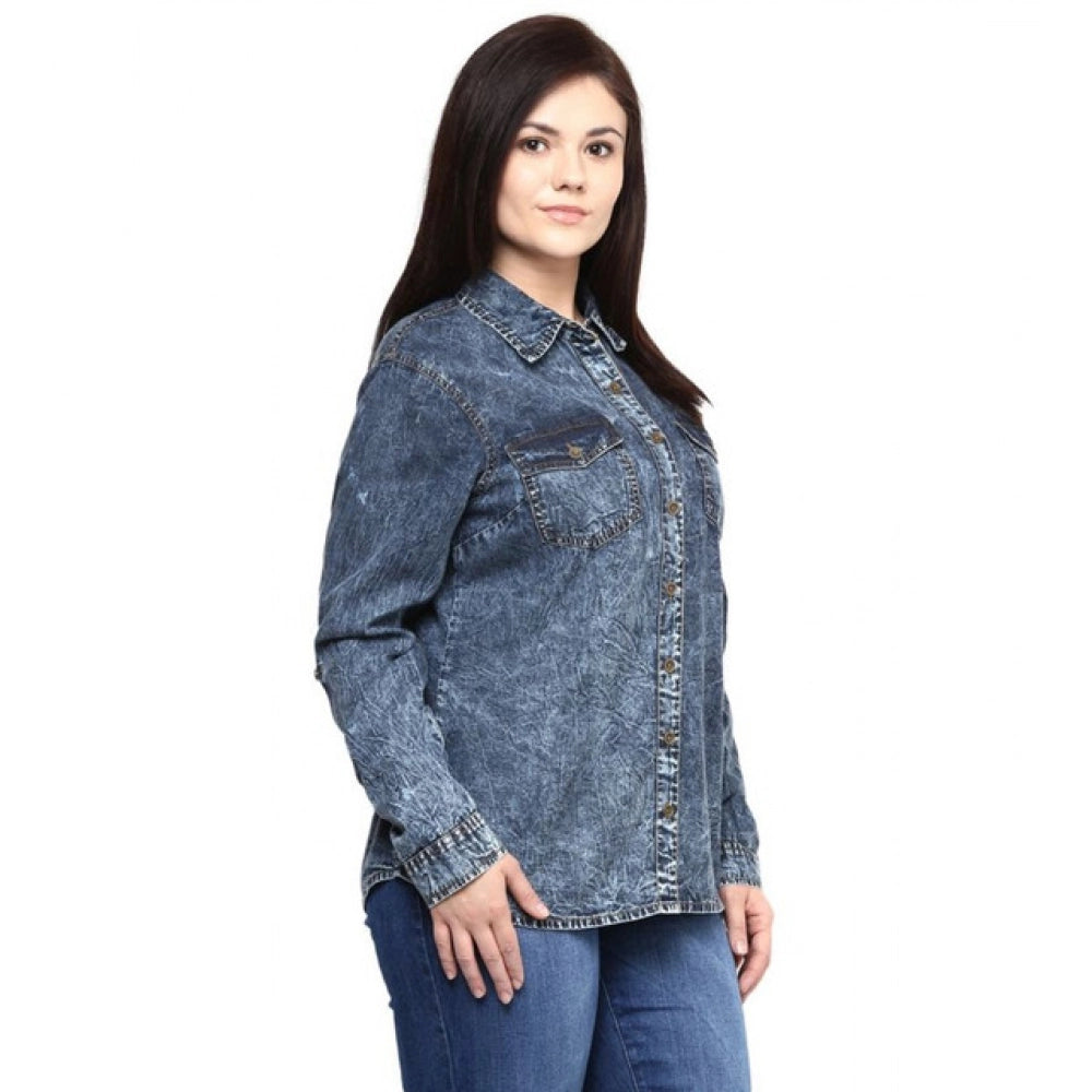 Women's Denim Solid Long Sleeve Shirt - Blue