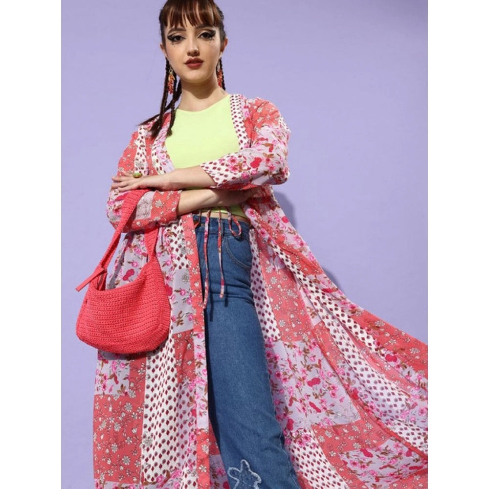 Generic Women's Polyester Floral Long Sleeves Shrug (Pink-Coral)