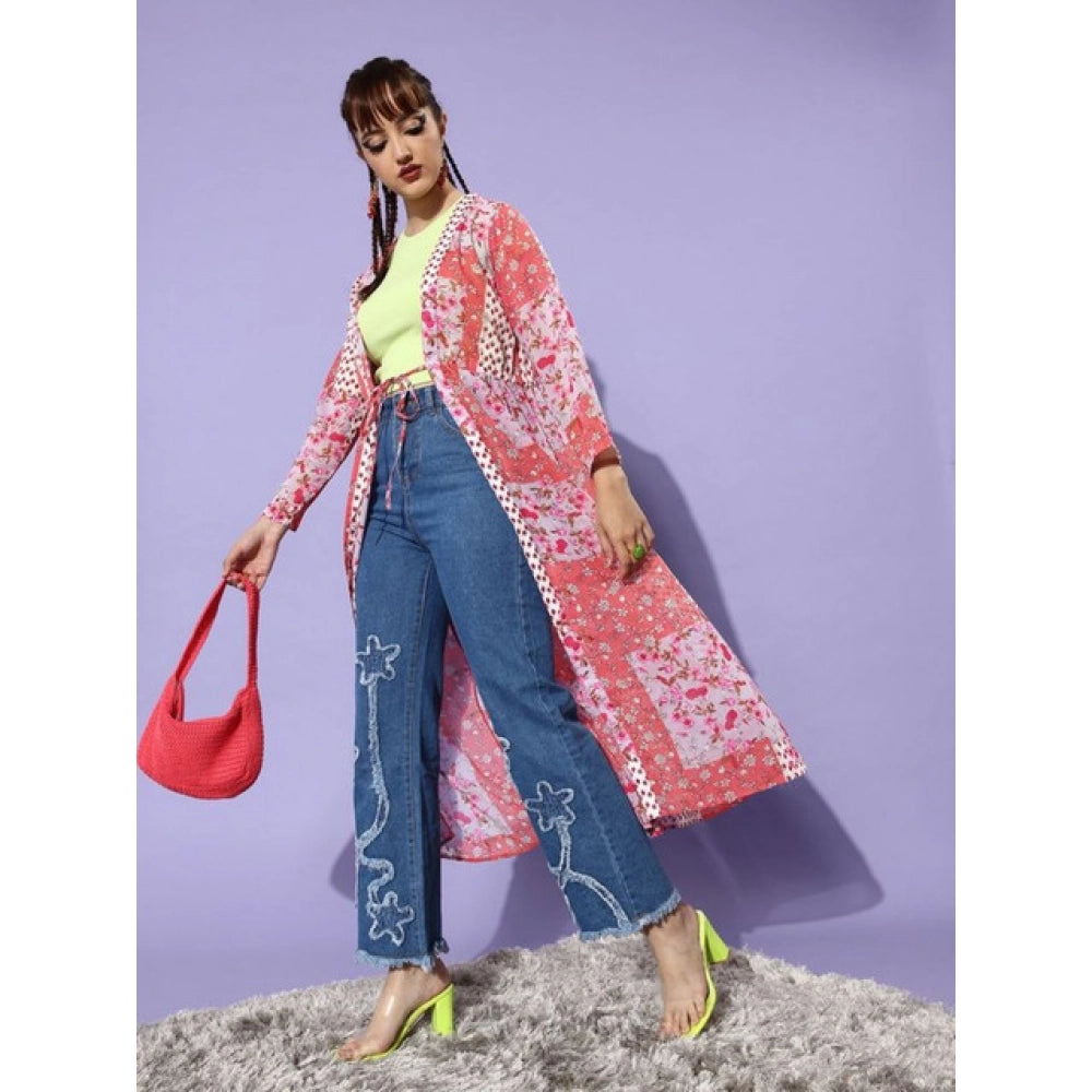 Generic Women's Polyester Floral Long Sleeves Shrug (Pink-Coral)