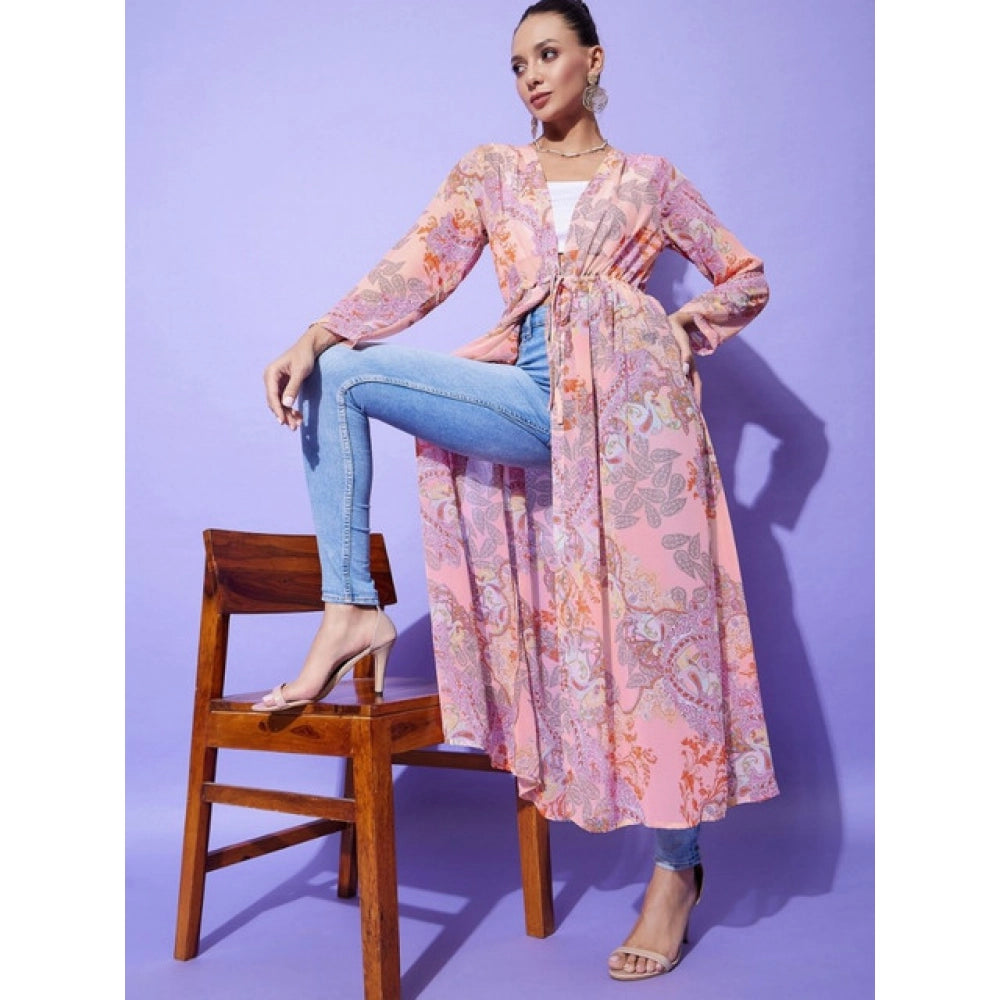 Generic Women's Polyester Floral Long Sleeves Shrug (Peach)