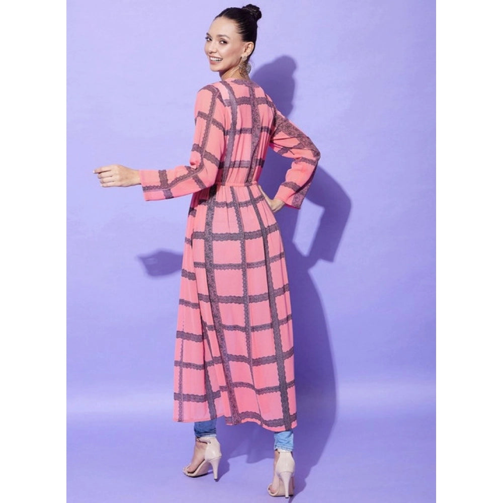 Generic Women's Polyester Check Long Sleeves Shrug (Pink)