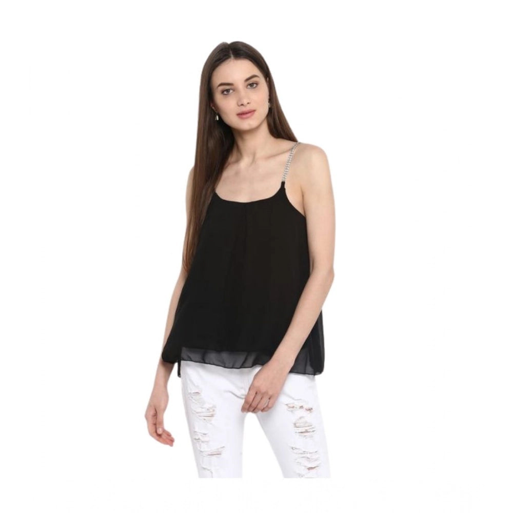 Women's Polyester Embellished Shoulder Straps Top - Black