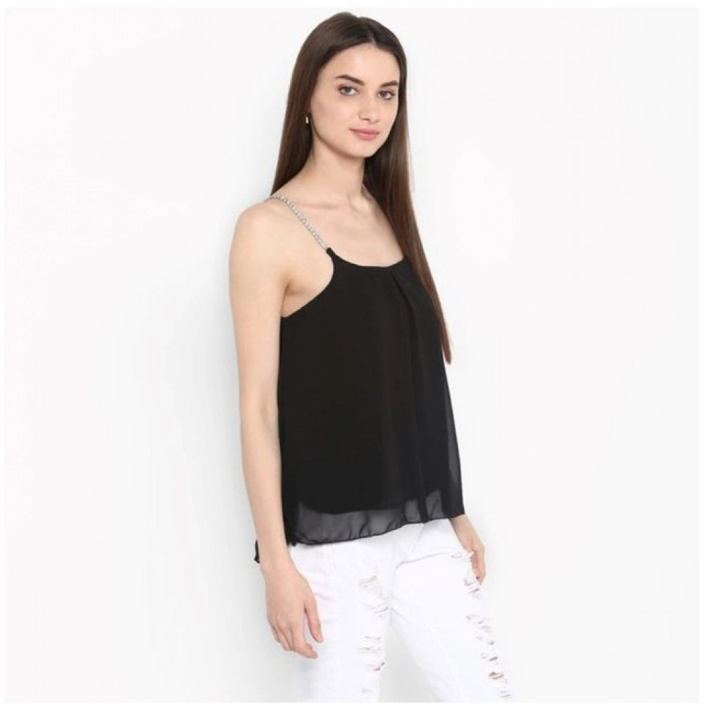 Women's Polyester Embellished Shoulder Straps Top - Black