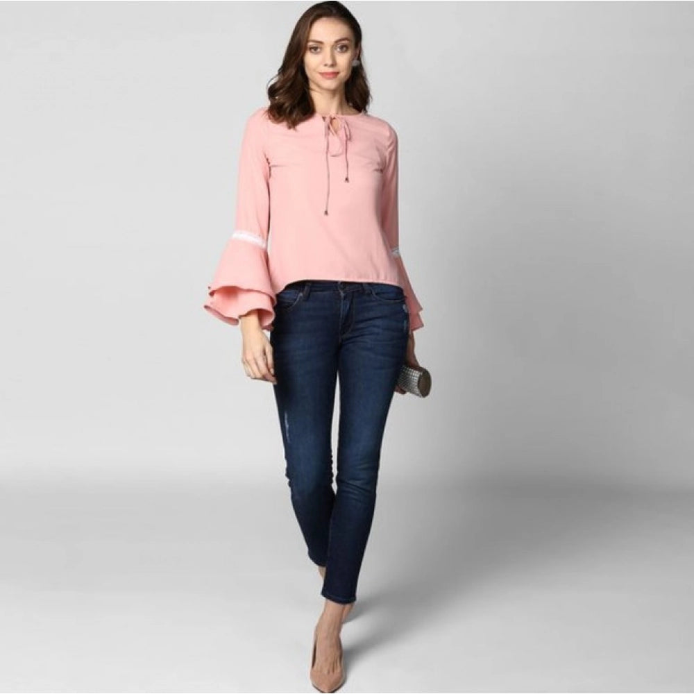 Women's Polyester Solid Bell Sleeve Top - Pink