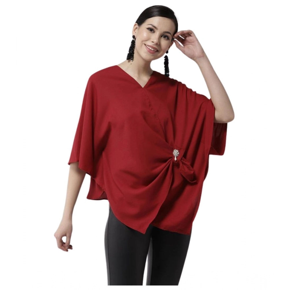 Women's Polyester Solid Cape Sleeve Top - Red