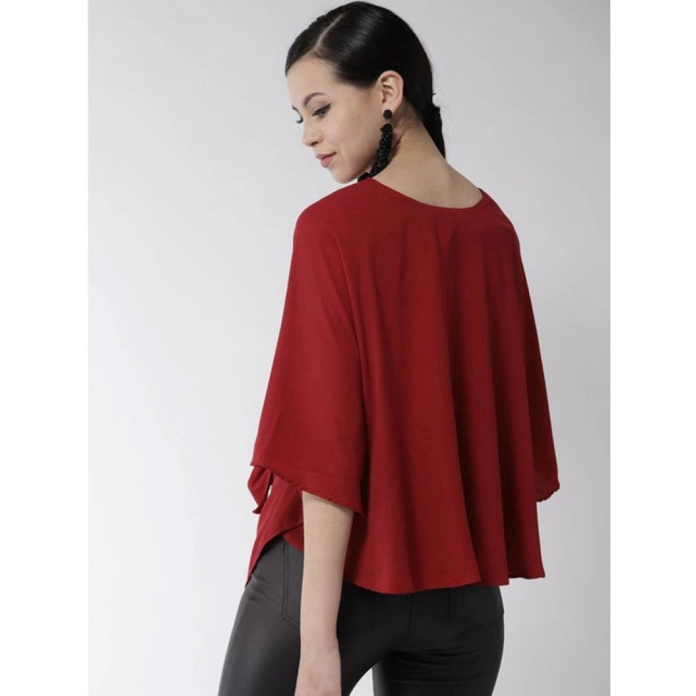 Women's Polyester Solid Cape Sleeve Top - Red