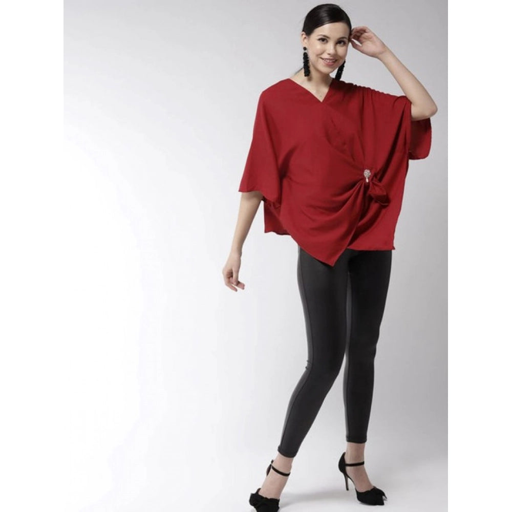 Women's Polyester Solid Cape Sleeve Top - Red