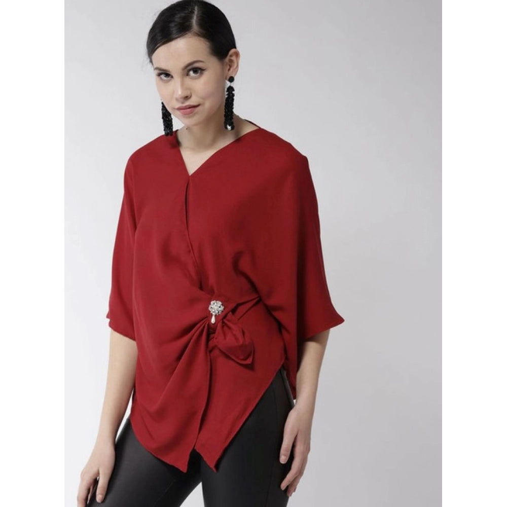 Women's Polyester Solid Cape Sleeve Top - Red