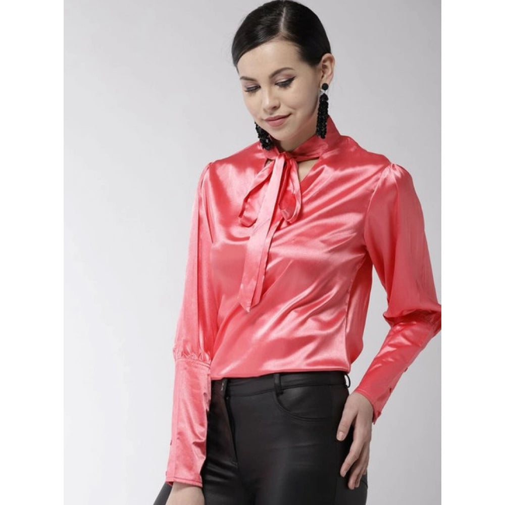 Women's Polyester Solid Long Sleeve Top - Coral