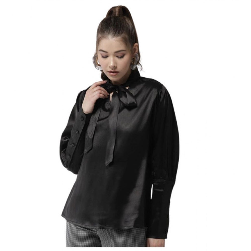 Women's Polyester Solid Long Sleeve Top - Black