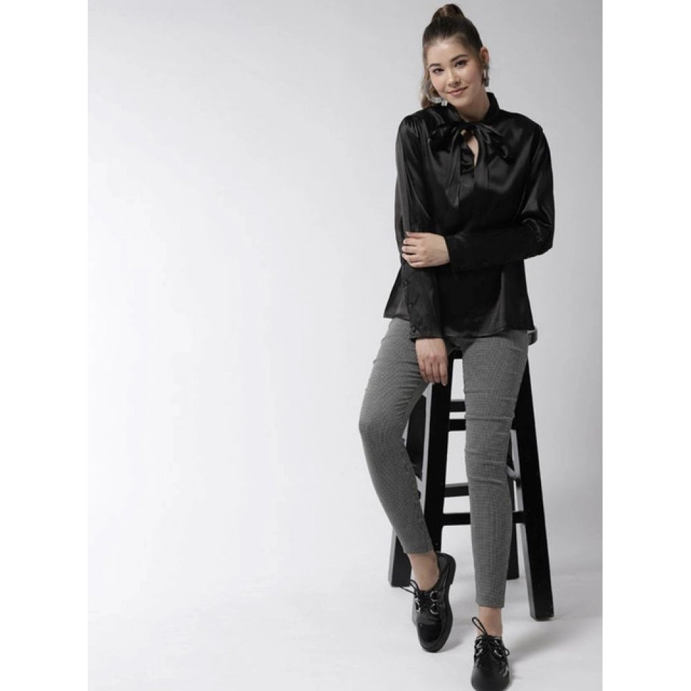 Women's Polyester Solid Long Sleeve Top - Black