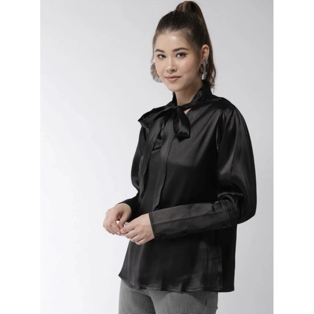 Women's Polyester Solid Long Sleeve Top - Black