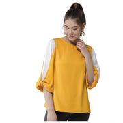 Women's Polyester Colour Block Slit Sleeve Top - Yellow - White