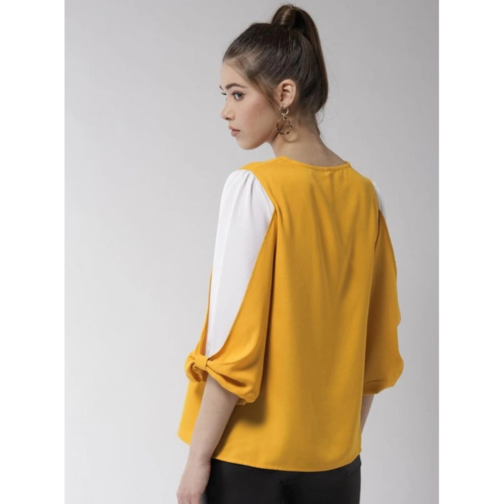 Women's Polyester Colour Block Slit Sleeve Top - Yellow - White