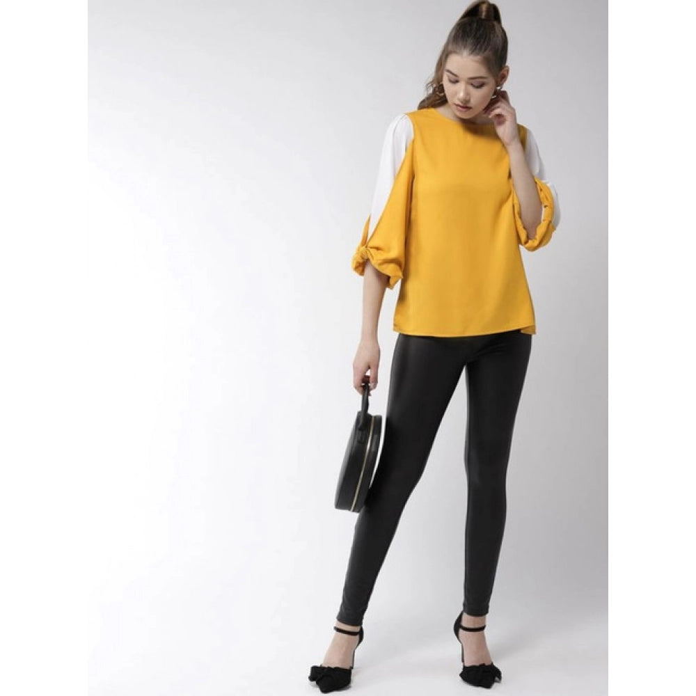 Women's Polyester Colour Block Slit Sleeve Top - Yellow - White
