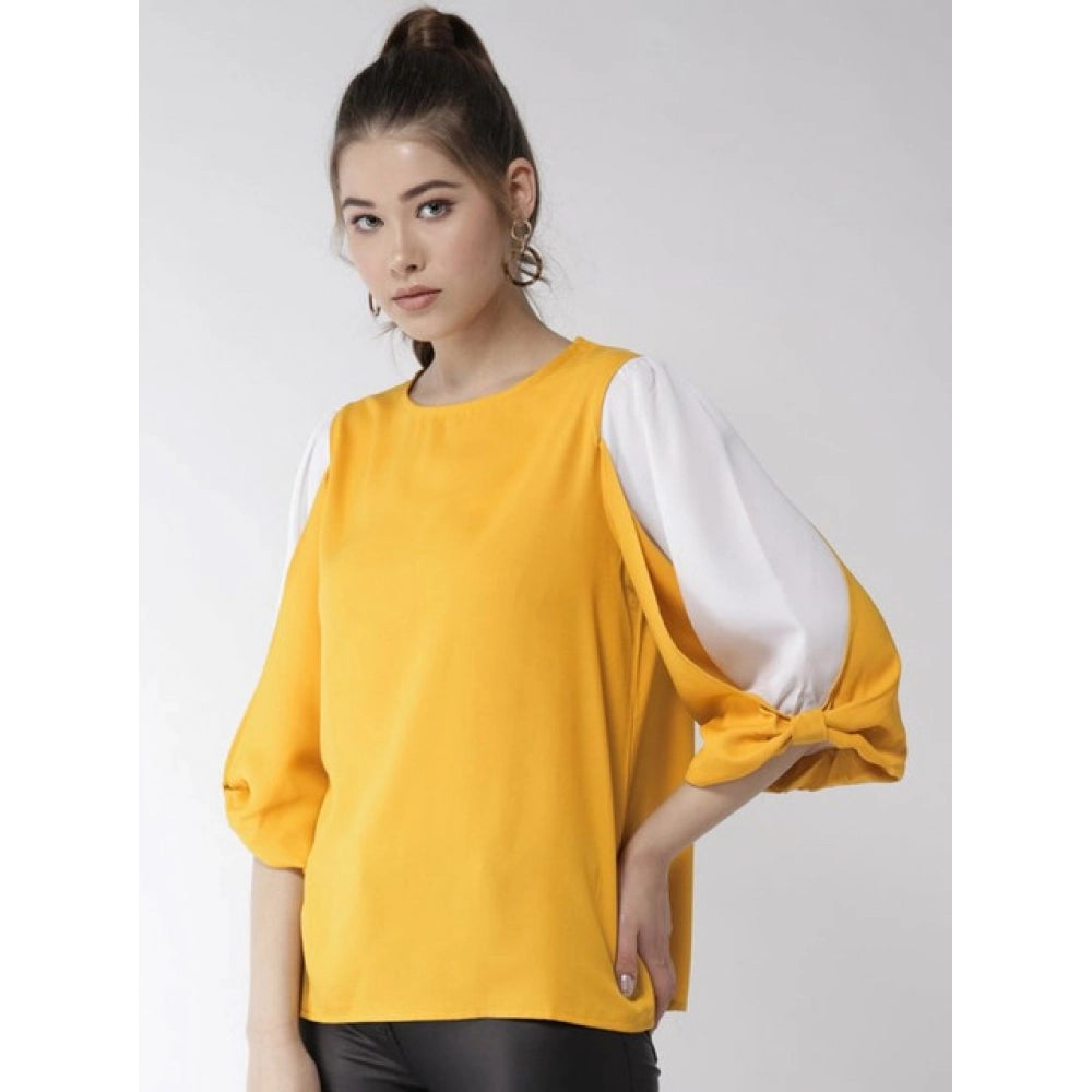 Women's Polyester Colour Block Slit Sleeve Top - Yellow - White