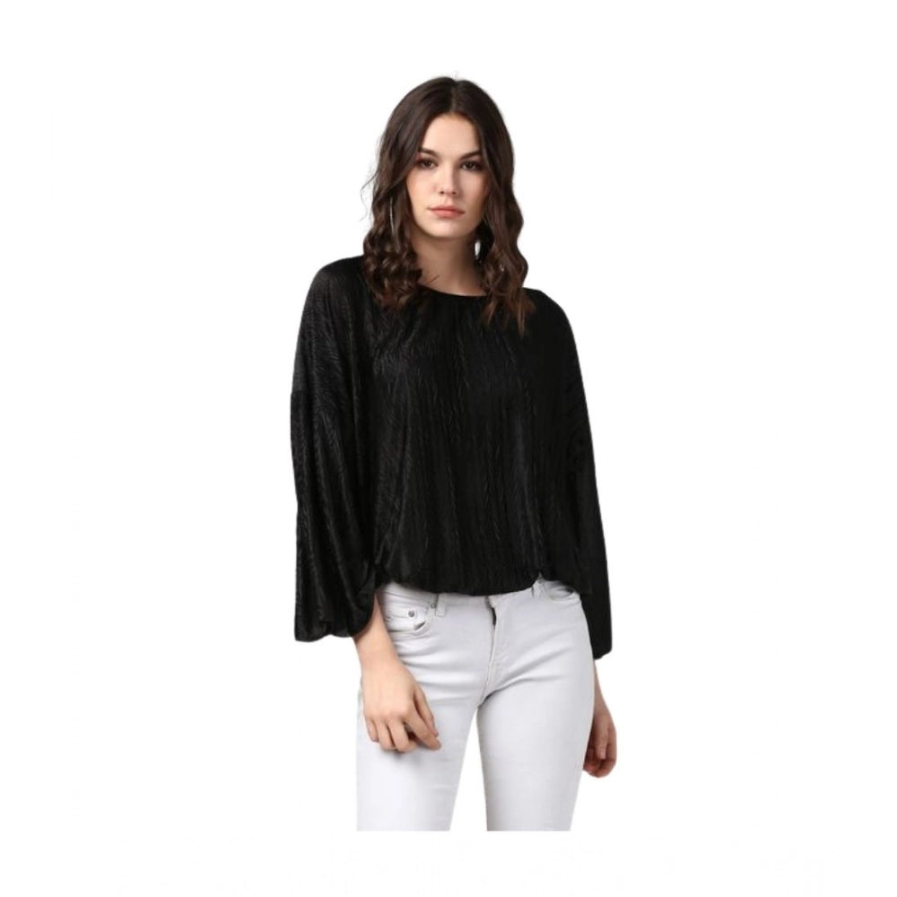 Women's Polyester Pleated Balloon Sleeve Top - Black
