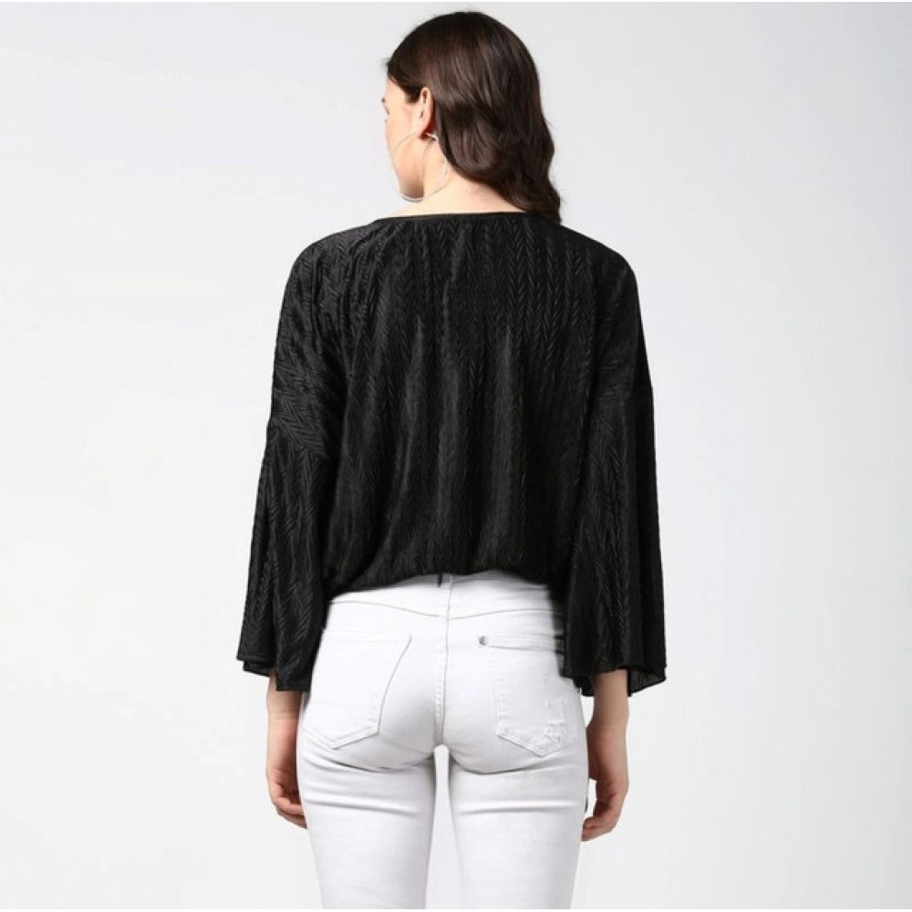 Women's Polyester Pleated Balloon Sleeve Top - Black