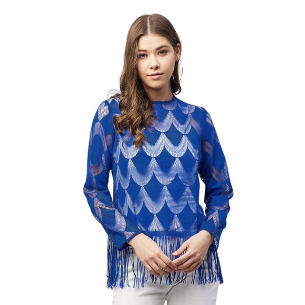 Women's Lace Self Design Long Sleeve Top - Blue