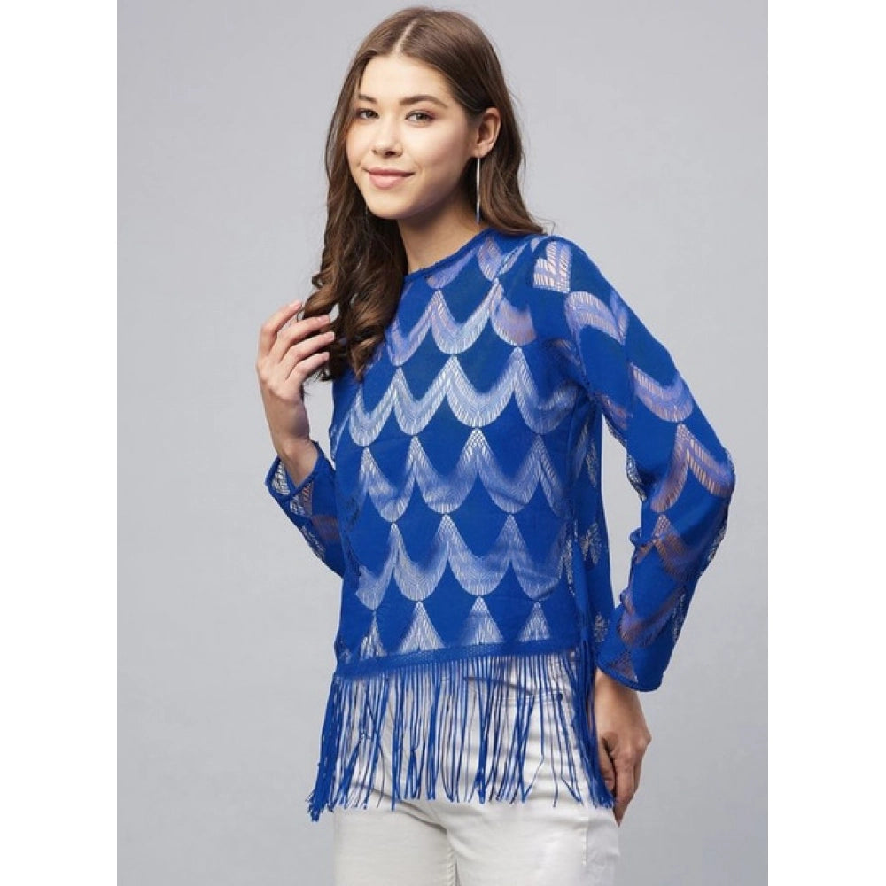 Women's Lace Self Design Long Sleeve Top - Blue