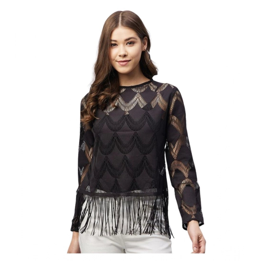 Women's Lace Self Design Short Sleeve Top - Black