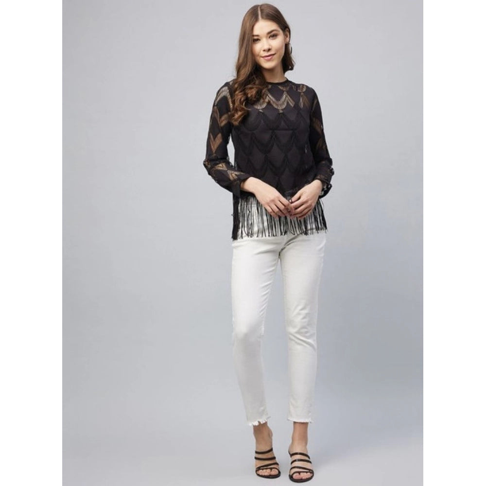 Women's Lace Self Design Short Sleeve Top - Black