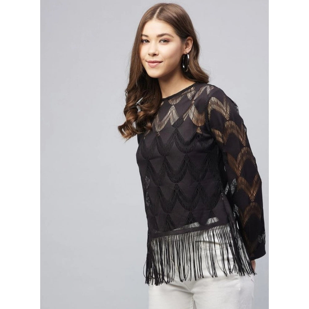Women's Lace Self Design Short Sleeve Top - Black