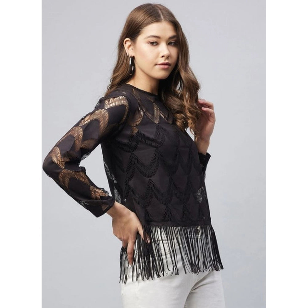 Women's Lace Self Design Short Sleeve Top - Black
