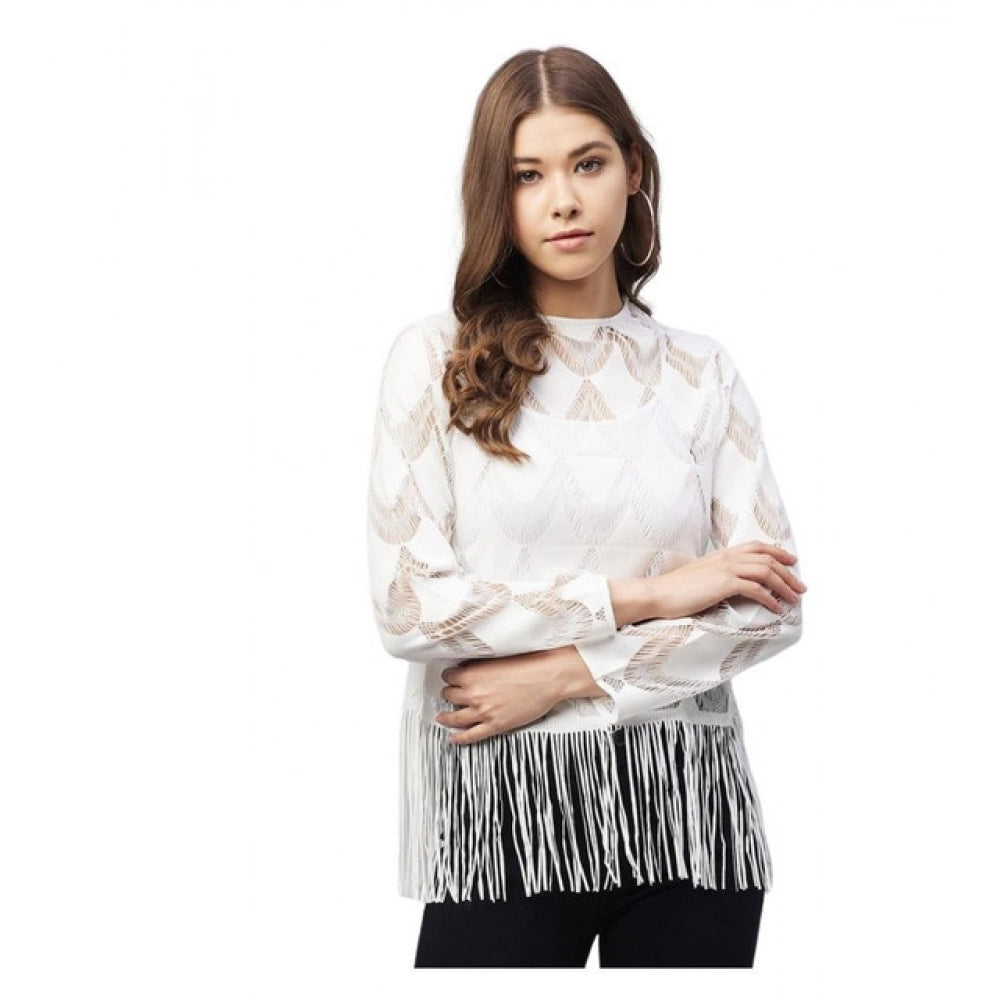 Women's Lace Self Design Short Sleeve Top - White