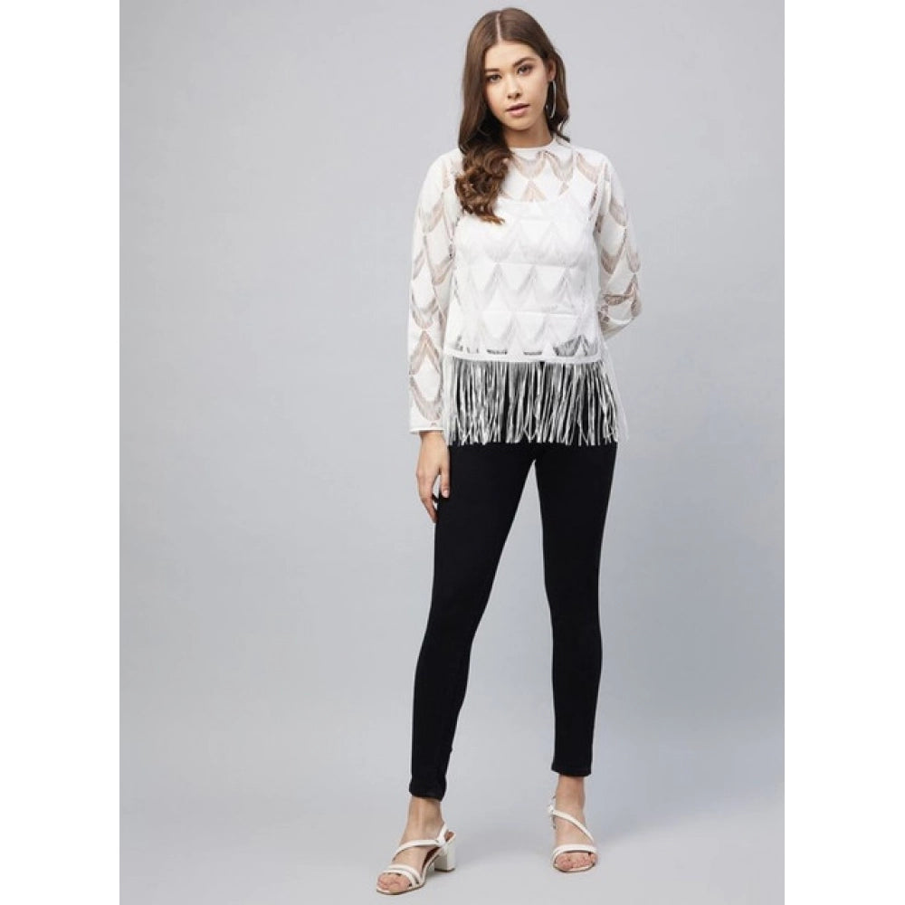 Women's Lace Self Design Short Sleeve Top - White